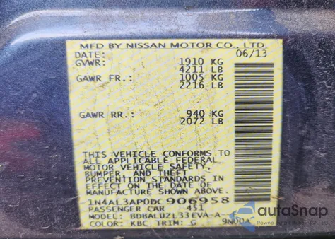 2013 Nissan Altima 2.5 z USA, uszkodzony, nr VIN 1N4AL3AP0DC906958